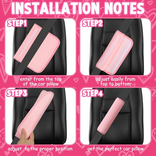 4 Pcs Car Accessories Set Include 2 Pcs Pink Heart Shaped Car Headrest Pillow with Angel Wings2 Pcs Pink Faux Fur Universal Seatbelt Cover Kawaii Soft Neck Rest Cushion for Truck SUV Decor