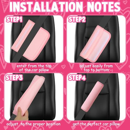 4 Pcs Car Accessories Set Include 2 Pcs Pink Heart Shaped Car Headrest Pillow with Angel Wings2 Pcs Pink Faux Fur Universal Seatbelt Cover Kawaii Soft Neck Rest Cushion for Truck SUV Decor