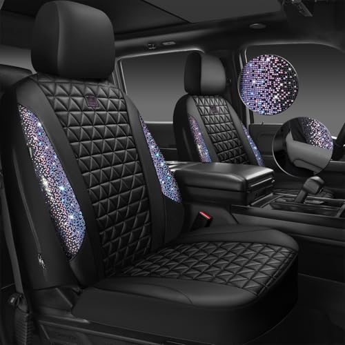 CAR PASS Bling Diamond Black Leather Car Seat Covers Full Set Interior Sets, Waterproof Shining Glitter Sparkly Crystal Armrest Fit Automotive Truck SUV Cute Women Girl, Bedazzed Iridescent Rhinestone - color: Bedazzed Rhinestone, size: Full Set