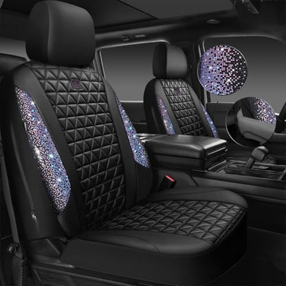 CAR PASS Bling Diamond Black Leather Car Seat Covers Full Set Interior Sets, Waterproof Shining Glitter Sparkly Crystal Armrest Fit Automotive Truck SUV Cute Women Girl, Bedazzed Iridescent Rhinestone - color: Bedazzed Rhinestone, size: Full Set