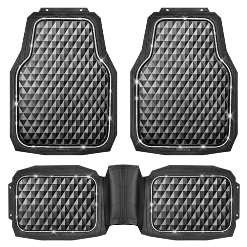 CAR PASS Bling Diamond Black Rubber Car Mats, Heavy Duty Deep Dish All-Weather Floor Mat Anti-Slip 3D Rhombus Waterproof Trim to Fit Liner Universal Glitter Sparkly Shining Rhinestone, 3 Pcs Silver - color: Silver Diamond