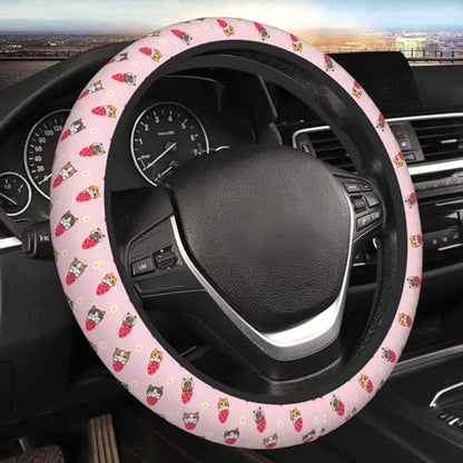 Cute Strawberry Cat Elastic Steering Wheel Cover Non-Slip Breathable Steering Wheel Protector Fit Auto, SUVs, Truck - color: Cute Strawberry Cat
