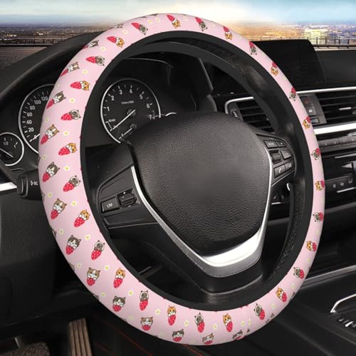 Cute Strawberry Cat Elastic Steering Wheel Cover Non-Slip Breathable Steering Wheel Protector Fit Auto, SUVs, Truck - color: Cute Strawberry Cat