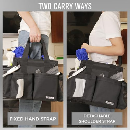 Compact Wearable Cleaning Caddy, Small Supplies Organizer with Handle & Shoulder Straps for Housekeepers, Under Sink & Car Cleaning Tool Organizer Bag (Black)