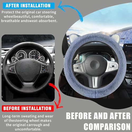 Car Steering Wheel Cover, Cute Steering Wheel Protector with Kitty Cat Ears,Fluffy Soft Plush for Winter Warm, Universal Fit 15 inches for Car,SUV, Elastic & Anti-Slip (Blue) - color: Blue