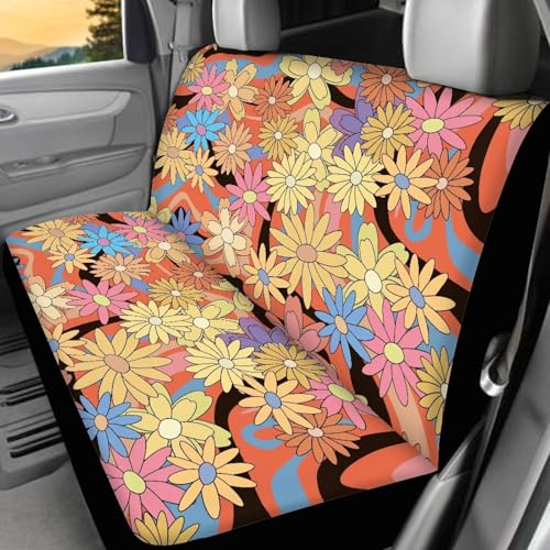 FUSURIRE Automotive Seat Covers Full Set of 4 Pcs, Colorful Daisy Wavey Print Front Seat Cover and Rear Bench Cover, Novelty Car Accessories Universal Fit - color: Colorful Daisy Wavey Print