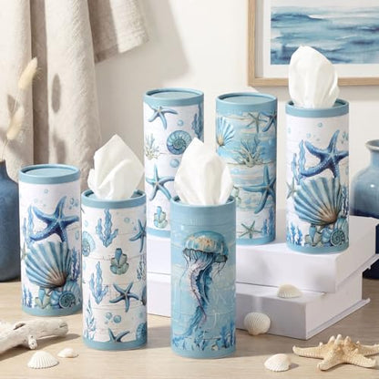 12 Pack Summer Ocean Car Tissue Cylinder Holder Bulk with 3 Ply Facial Tissues Starfish Round Napkin Holders for Cup Holder Cylinder Colorful Travel Paper Tubes Bulk Napkin Boxes Packs - style: Ocean