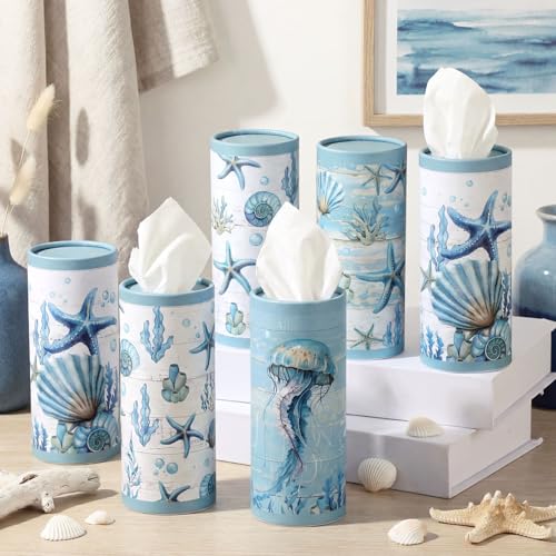 12 Pack Summer Ocean Car Tissue Cylinder Holder Bulk with 3 Ply Facial Tissues Starfish Round Napkin Holders for Cup Holder Cylinder Colorful Travel Paper Tubes Bulk Napkin Boxes Packs - style: Ocean