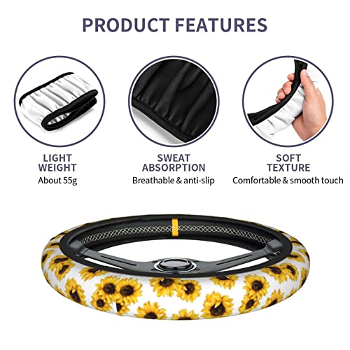 Yellow Sunflower Flower Steering Wheel Cover for Women Men with 2 Pcs Car Coasters, Universal 14.5-15 Inch Rainbow Steering Wheel Covers Non-Slip Car Accessories for Girls - color: sunflower flower