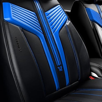 CAR PASS Nappa Leather Seat Covers, Breathable Waterproof Car Seat Covers Full Set, Luxury Leather Front and Back Seats Full Coverage, Universal Fit SUV Pick-up Truck Sedan Automotive(Black Blue) - color: Black Blue, size: Full Set Full Coverage