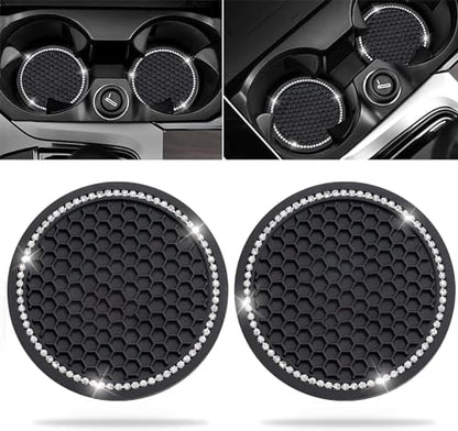 Car Cup Holder Coasters, 2.75 Inch, 2-Pack, for Women | Universal, Bling Crystal Rhinestone, Anti-Slip Silicone, Auto Interior Accessories