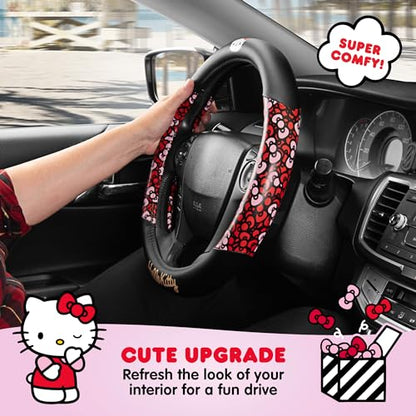 Hello Kitty Steering Wheel Cover Official Sanrio Car Steering Wheel Cover 14.5-15.5 Universal Fit Cute Black Kawaii Car Accessories Non Slip Wheel Cover Women Interior Style (Hello Kitty Bows) - style: Hello Kitty Bows