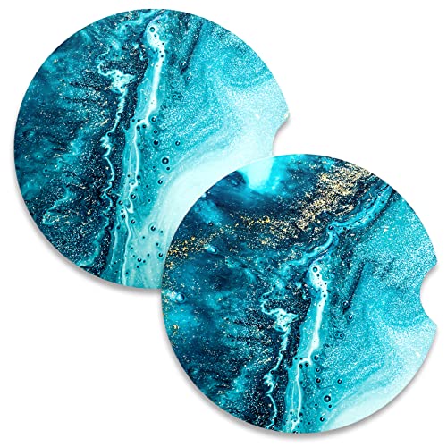 Car Coasters for Cup Holders, 2 Pack Absorbent Ceramic Car Cup Holder Coaster for Drinks, Cute Auto Assecories for Women Men, Size 2.56 in with Finger Notch & Cork Base, Blue Marble - color: Blue Marble