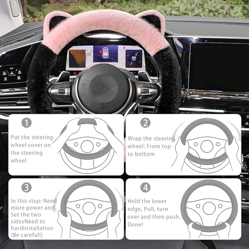 Car Steering Wheel Cover, Cute Steering Wheel Protector with Kitty Cat Ears,Fluffy Soft Plush for Winter Warm, Universal Fit 15 inches for Car,SUV, Elastic & Anti-Slip (Black/Pink) - color: Black/Pink
