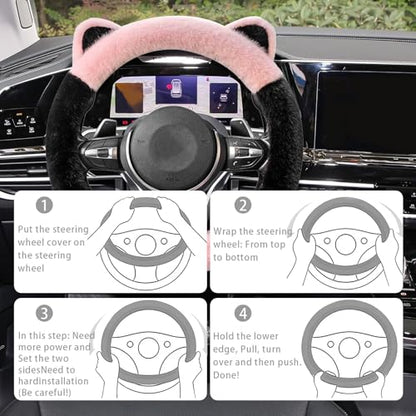 Car Steering Wheel Cover, Cute Steering Wheel Protector with Kitty Cat Ears,Fluffy Soft Plush for Winter Warm, Universal Fit 15 inches for Car,SUV, Elastic & Anti-Slip (Black/Pink) - color: Black/Pink