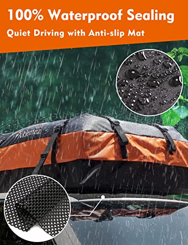 FIVKLEMNZ Car Rooftop Cargo Carrier Roof Bag Waterproof for All Top of Vehicle with/Without Rack Includes Topper Anti-Slip Mat + Reinforced Straps + 6 Door Hooks + Luggage Lock - size: 15 Cubic Feet