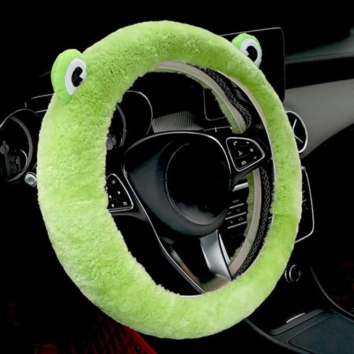 Dotesy 7 Pcs Fluffy Cartoon Frog Car Steering Wheel Cover Set, Wool Steering Wheel Protector with Cup Coasters, Soft Plush Rear Mirror Cover Accessories for Women (Green Frog)