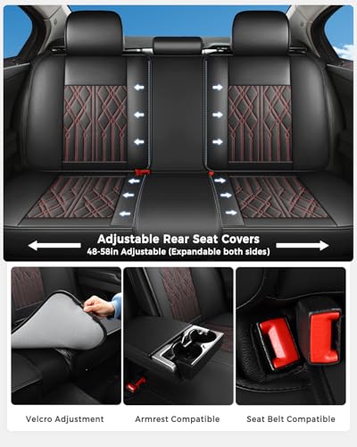 Huidasource Car Seat Covers Full Set, Leather Seat Cover Universal Fit for Most Cars Sedans SUVs Trucks, Airbag Compatible, Cup Holder Access, Easy Install, Wipes Clean, Wear-Resistant, Black&Red - color: A-Black&Red, size: 5pcs Full Set