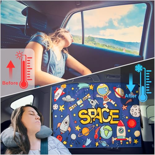 Car Sun Shade Side Window, 2pcs Magnetic Double Layer Car Window Shades for Privacy Full Covers/Half Shade Options Cute Space Pattern Side Window Curtains for Kids - color: Blue Space