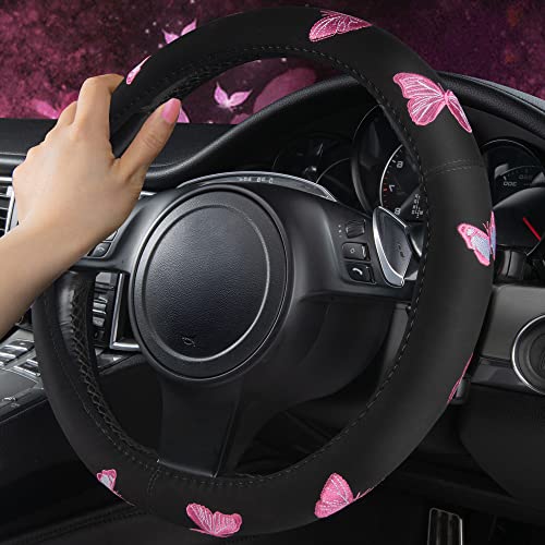 Car Pass Pink Embroidery Butterfly Steering Wheel Cover, Universal 15 Inch Car Wheel Cover for Women Girls, Fit for Suvs,Small Trucks,Sedans,Cars (Black and Pink) - color: Black and Pink