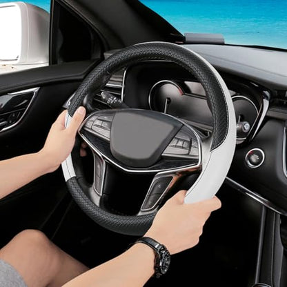 Black & White Car Steering Wheel Cover, Microfiber, Leather Patchwork, Universal 14.5-15 Inch Leather Anti-Slip Breathable Auto Steering Wheel Covers for Men Women - color: Black & White
