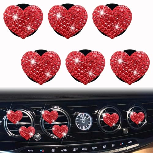 6 Pcs Heart-Shaped Crystal Diamond Air Vent Clip, Heart-Shaped Bling Charms Crystal Car Freshening Diffuser, Car Bling Interior Decorative Accessories for Women (Red) - color: Red