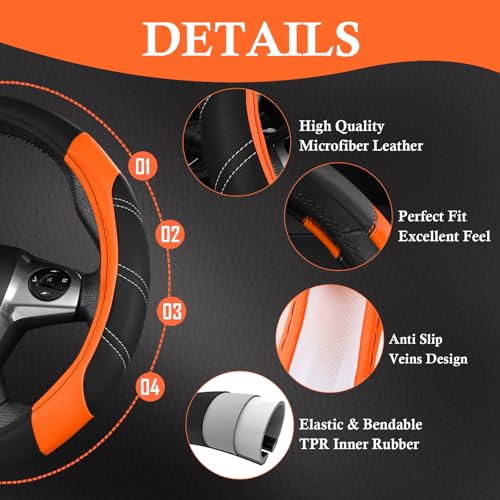 CAR PASS Leather Steering Wheel Cover and Waterproof Car Floor Mats,Microfiber Universal Car Combo Fit for 95% Sedan SUV Van Truck,14.5-15inch Sporty Anti-Slip Safety Comfortable Design, Black＆Orange - color: Black&Orange