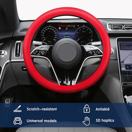 Car Steering Wheel Cover, Silicone Car Steering Wheel Protective Cover, 33-40 CM Anti-Slip Soft Comfortable Steering Wheel Cover for Women Men, Universal Accessories Fit Most Vehicles (Red) - color: Red