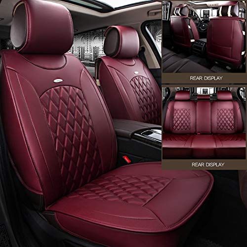Skysep Red Wine Full Set Universal Fit 5 Seats Car Surrounded Solid Color Waterproof Leather Car Seat Covers Protector Adjustable Removable Auto Seat Cushions with 2 Waist Pillows 2 Headrest Pillows