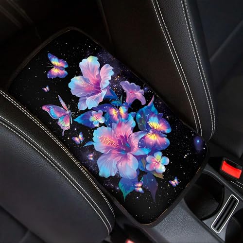 Purple Butterfly Hibsicus Print Car Center Console Cover,Universal Armrest Seat Box Cover,Auto Armrest Cover Protector - color: Purple Butterfly Hibsicus