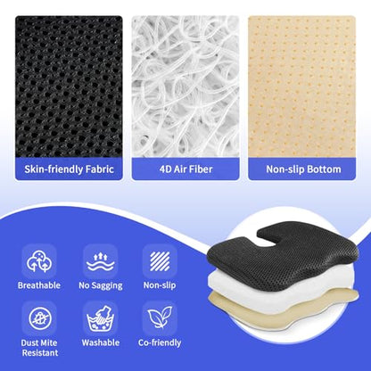 Gooo&Ma Car Seat Cushion & Office Chair Pad - Air Fiber Breathable U-Shape Cooling Cushion for Tailbone Comfort, Driving, Desk & Gaming, Ergonomic Washable Seat Pad with Non-Slip Base(Black)