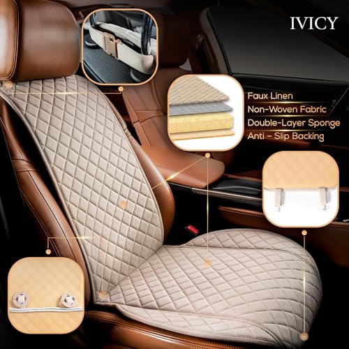 IVICY Faux Linen Front Car Seat Cover – Non-Slip Bucket Seat Protector for Most Cars, SUVs, Vans & Trucks – 1 Seat Cover, Machine Washable, Side-Airbag Friendly, Light Beige - color: BEIGE WS LN
