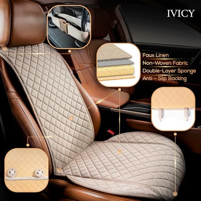 IVICY Faux Linen Front Car Seat Cover – Non-Slip Bucket Seat Protector for Most Cars, SUVs, Vans & Trucks – 1 Seat Cover, Machine Washable, Side-Airbag Friendly, Light Beige - color: BEIGE WS LN