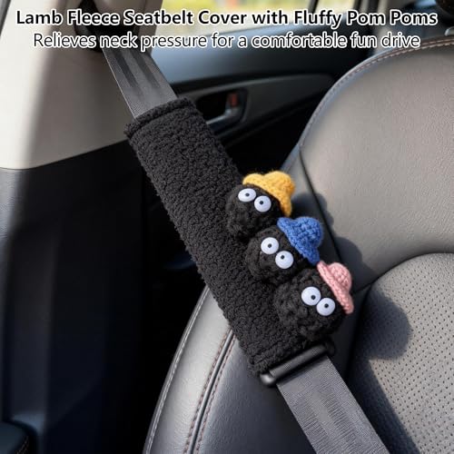 Car Headrest Pillow & Steering Wheel Cover Set with Cute Big-Eyed Black Travel Neck Support Pillow Fur Car Interior Accessory (Safty Belt Cover 2PCS) - color: Black Safty Belt Cover 2pcs