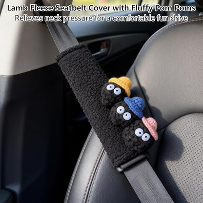 Car Headrest Pillow & Steering Wheel Cover Set with Cute Big-Eyed Black Travel Neck Support Pillow Fur Car Interior Accessory (Safty Belt Cover 2PCS) - color: Black Safty Belt Cover 2pcs