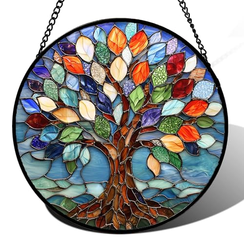 DASTOLL Stained Glass Window Hanging, Colorful Tree of Life Sun Catchers Glass Panel Blue Suncatcher Decor for Birthday for Women, Men, Wife, Aunt, and Mom 14.9x14.9 in - color: Colorful, size: 14.9x14.9 IN