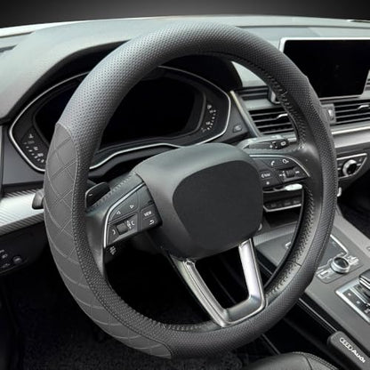 Nappa Leather Steering Wheel Cover, Elegant Diamond Checkered Design, Non-Slip wear-Resistant, Enhance Driving Comfort, Suitable for Steering Wheel Diameter 14 1/2‘-15’ Models.Black - color: Black