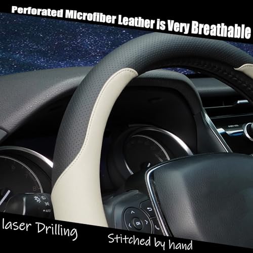Steering Wheel Cover Standard Size Medium 14.5-15 inch, Non-Folding Packaging, Microfiber Leather, Anti-Slip, Soft Grip, Universal Fit for Cars SUVs Trucks, Black and Off-White - color: Black and Beige