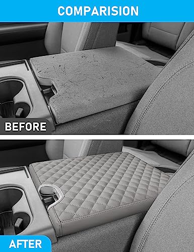 Sinvanho Center Console Armrest Cover for 2015-2025 Ford F150 F250 F350 F450 F550 with 40/20/40 Jump Seat, PU Leather Middle Console Cover Seat Box Lid Protective Cover Cushion Pad, Truck Accessories - color: Grey Edge