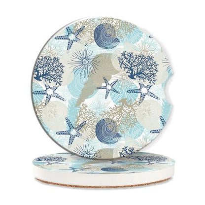 Car Coasters for Cup Holders,2 Pack Coastal Beach Absorbent Ceramic Coaster Shell Starfish Coral Non-Slip Auto Accessories Interior Decor