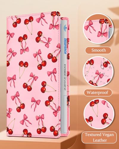 Slohif Car Registration and Insurance Holder - Cherry Vehicle Glove Box Organizer Women with Magnetic Shut Leather Automobile License Holders Coasters Auto Accessories Case for Document - color: Cherry Bow