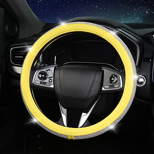 Bling Diamond Steering Wheel Cover, Leather Steering Wheel Covers for Women Girls with Crystal Rhinestones, Breathable, Anti-Slip Universal Fit 14.5-15 Inch Bling Car Accessories(Yellow) - color: Yellow