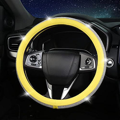 Bling Diamond Steering Wheel Cover, Leather Steering Wheel Covers for Women Girls with Crystal Rhinestones, Breathable, Anti-Slip Universal Fit 14.5-15 Inch Bling Car Accessories(Yellow) - color: Yellow