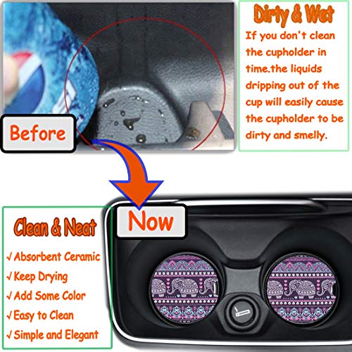 Small 2.56" Absorbent Car Coasters 2 Pack, Auto Cup Holder Accessories, Ceramic Coasters Absorb Spills to Keep Cupholders Clean (Purple Elephant) - color: Purple