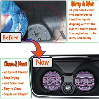 Small 2.56" Absorbent Car Coasters 2 Pack, Auto Cup Holder Accessories, Ceramic Coasters Absorb Spills to Keep Cupholders Clean (Purple Elephant) - color: Purple