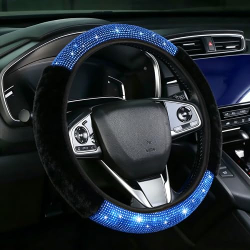 Bling Steering Wheel Cover for Women Girls, Blue Rhinestone Diamond Sparkling Fur Fluffy Steering Wheel Accessories Elastic Steering Wheel Covers Winter Warm Universal Fit 14-15 inches - color: Dark Blue