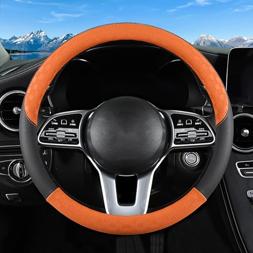 Car Leather Steering Wheel Cover - Panapi Material, Universal 14.5-15 Inch Leather Anti-Slip Breathable Auto Steering Wheel Covers for Men Women (Chessboard-Orange) - color: Chessboard-Orange