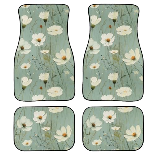 Cosmos 4 Pcs All-Weather Automotive Mats Rural Daisy Flower Car Decor Accessories Sage Green Oil Painting Universal Fit Floor Mats for Cars, SUV, Truck Soft Heel Pad - color: Cosmos Floral