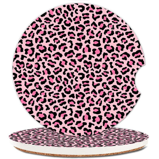 2 Pack Absorbent Car Coasters for Cup Holders,Ceramic Coasters with Cork Back and Finger Slot,2.56" Cupholder Accessories to Keep Your Car Cup Holders Clean and Dry(Pink Leopard) - color: Pink Leopard