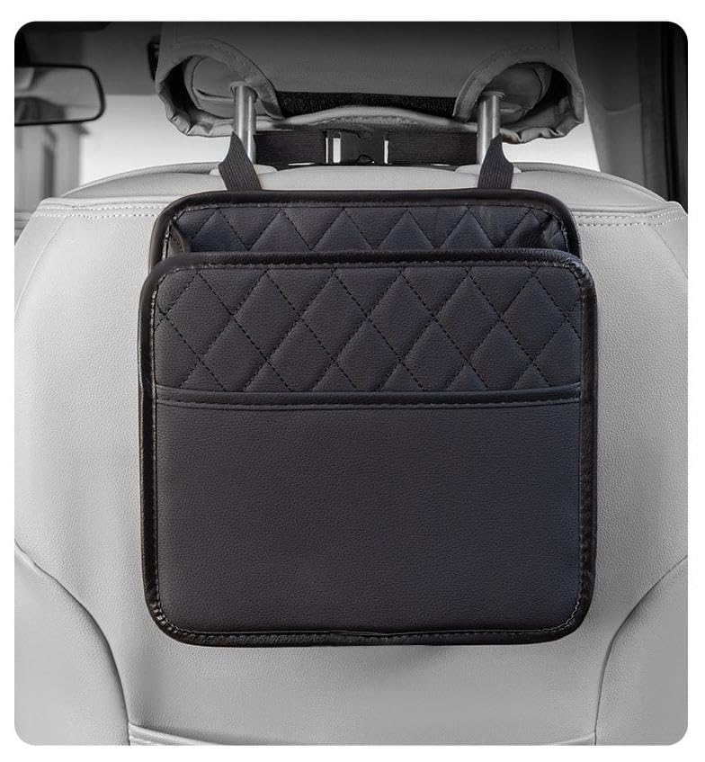 Car Seat Back Organizer, Quilted PU Leather, Multi-Pocket Storage with Umbrella Holder, Black